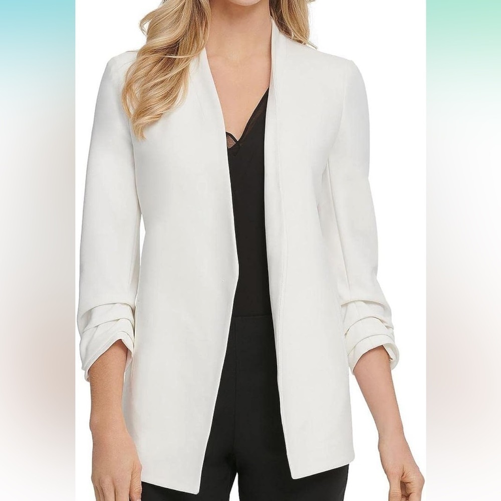 DNKY white Classic fit, 3/4 sleevesingle breasted blazer jacket padded shoulders